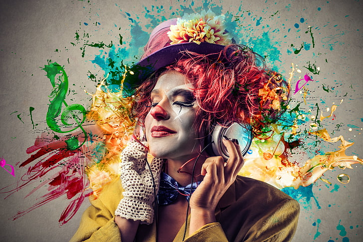 oeuvre de clown féminin, fleur, fille, gicler, musique, peinture, écouteurs, chapeau, luminosité, Fond d'écran HD