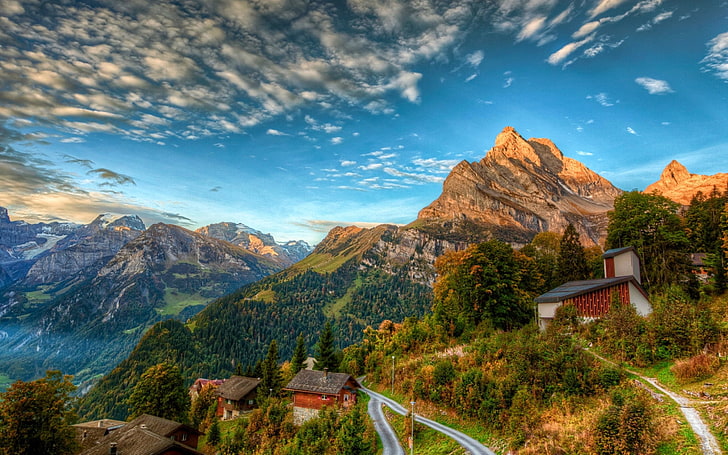 منازل جبال الألب السويسرية في المناظر الطبيعية الخلابة لجبال الألب السويسرية خلفيات عالية الدقة لسطح المكتب والجوال 2880 × 1800، خلفية HD
