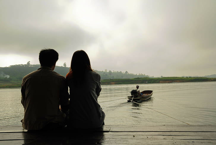 Couple, Love, Boat, Sea, River, Evening, HD wallpaper