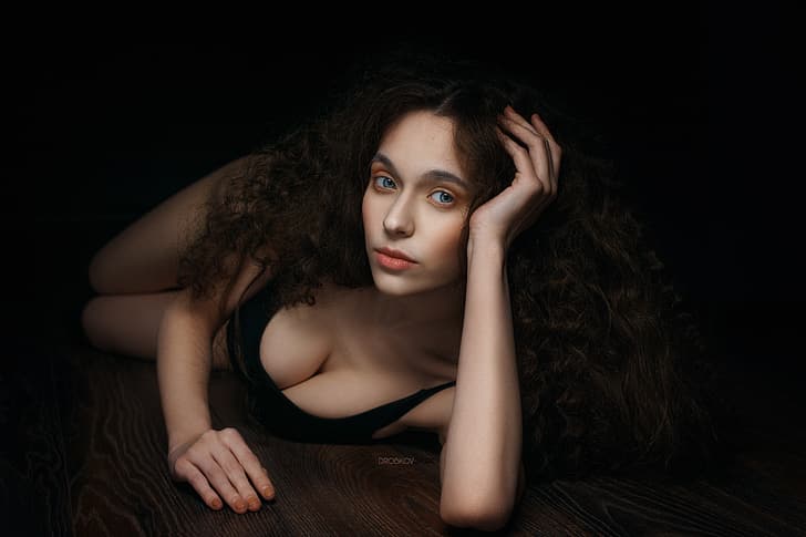 chest, look, girl, face, pose, hair, hands, curls, on the floor, Alexander Drobkov-Dark, Дарья Афанасьева, HD wallpaper