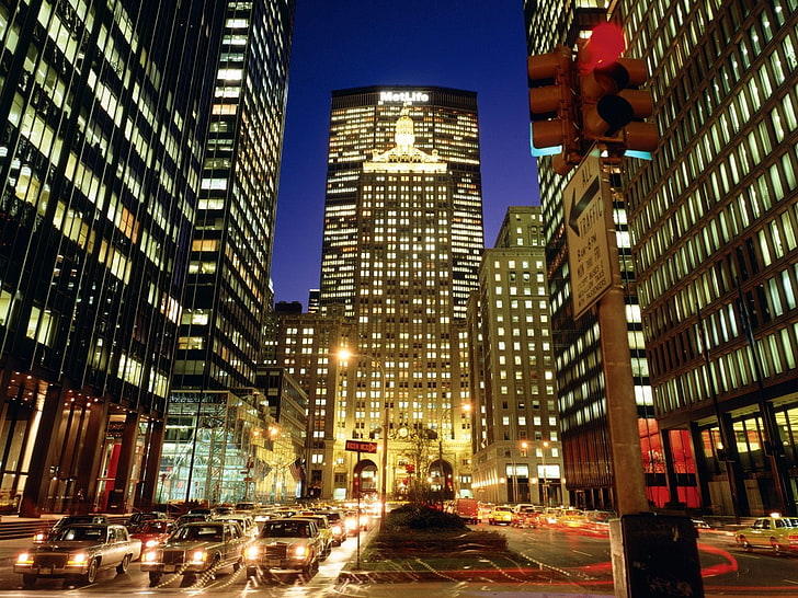 malam, pemandangan kota, Kota New York, jalur cahaya, jalan, lampu lalu lintas, Wallpaper HD