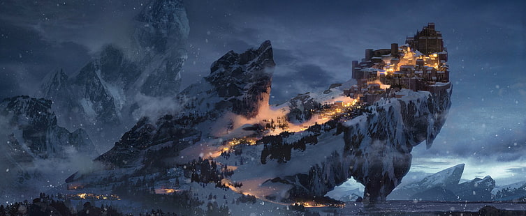 Фантазия, град, пейзаж, планина, нощ, сняг, зима, HD тапет HD wallpaper