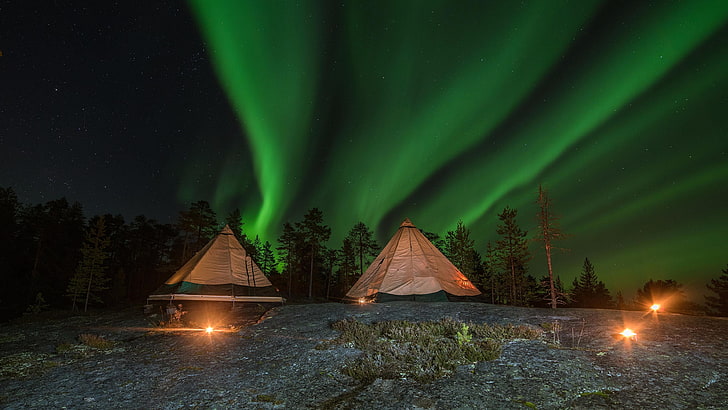 Laponie, Finlande, aurores boréales, aurores boréales, lumières polaires, nature, aurores boréales, vert, ciel, atmosphère, éclairage, phénomène, nuit, paysage, Rovaniemi, tente, Fond d'écran HD