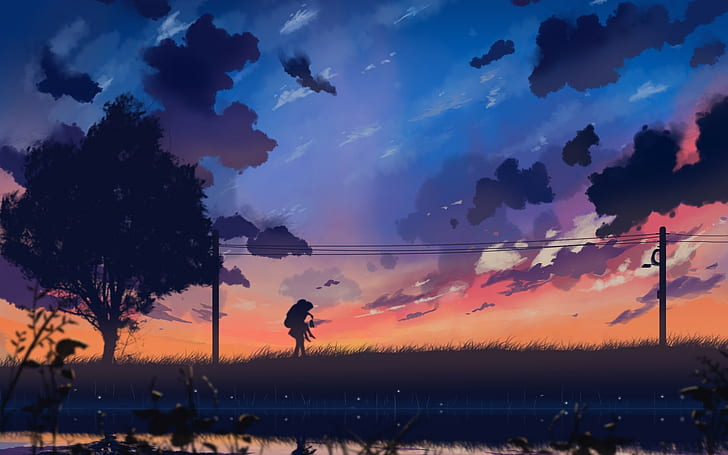 silhouette of man hiking near tree painting, anime, HD wallpaper