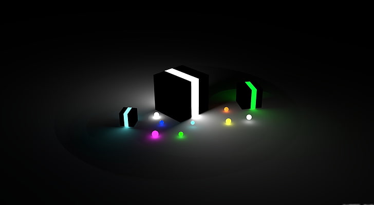 Glow Cubes HD обои, зеленый и оранжевый свет, художественный, 3D, свечение, абстрактные, кубики, HD обои