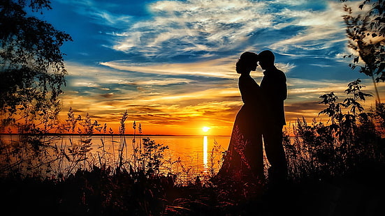 couple, love, sunset, lake, romantic, HD wallpaper HD wallpaper