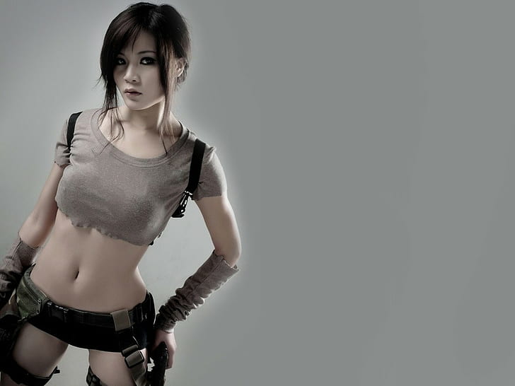 Asian, Belly, cosplay, Lara Croft, Tomb Raider, HD wallpaper