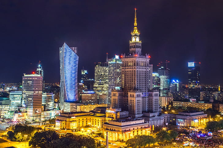 city, Poland, night, lights, Warsaw, HDR, HD wallpaper