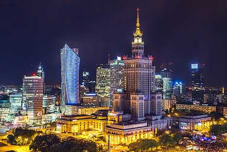 都市、ポーランド、夜、ライト、ワルシャワ、HDR、 HDデスクトップの壁紙 HD wallpaper