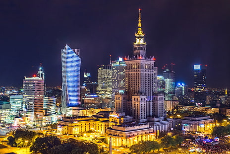 Полша, светлини, нощ, HDR, Варшава, град, небостъргачи, HD тапет HD wallpaper