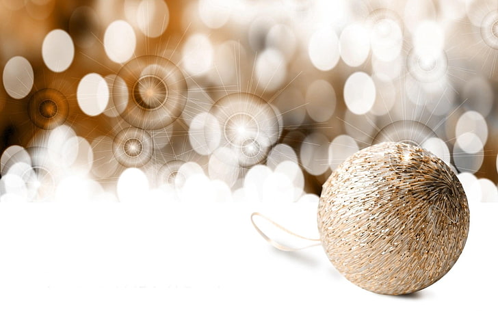 gold-colored bauble, christmas decorations, balloon, glare, HD wallpaper