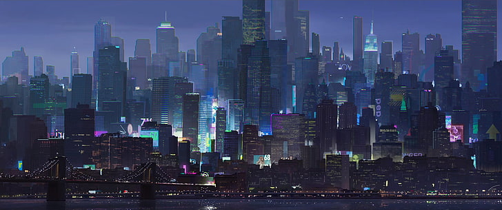منظر المدينة ، مناظر المدينة ، العمل الفني ، الرجل العنكبوت ، الأزرق، خلفية HD