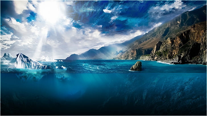 eau, iceberg, soleil, nuages, vue divisée, mer, paysage, sous l'eau, lumière du soleil, art numérique, œuvres d'art, nature, Fond d'écran HD