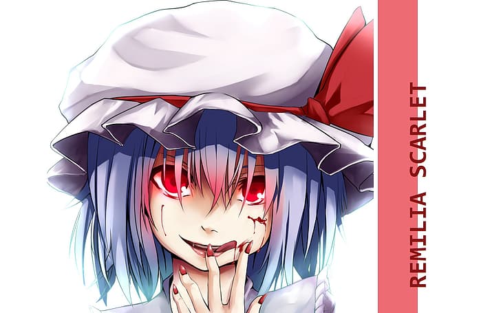 red eyes, hunger, madness, Remilia Scarlet, hell of a grin, face, touhou project, blood on his hands, by Canae, the vampire, HD wallpaper