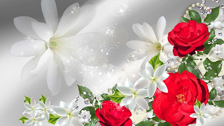 Red Roses On Display, white and red flowers illustration, diamonds, plumeria, bright, luxurious, white, sparkles, red roses, summer, luxury, jewels, nature and l, HD wallpaper
