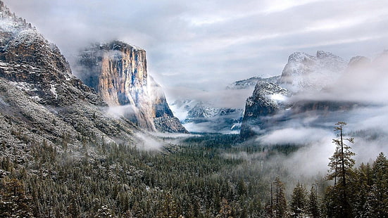 снежна планина, природа, пейзаж, планини, облаци, САЩ, зима, сутрин, гора, мъгла, скала, хълмове, борови дървета, сняг, снежен връх, Национален парк Йосемити, HD тапет HD wallpaper