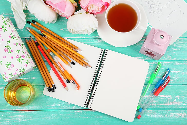 assorted-color pencil on book near mug, pencils, art, notebook, items, drawing, HD wallpaper