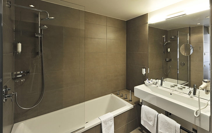 banheira de cerâmica branca, banheiro, móveis, estilo, interior, espelho, pia, HD papel de parede