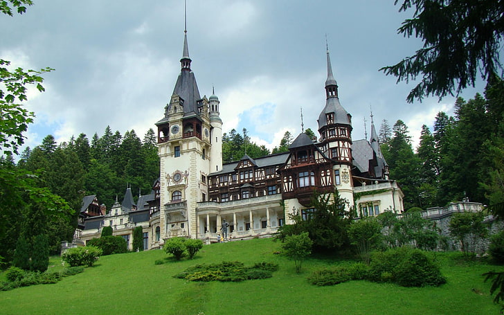 white and gray mansion, peles castle, castelul peles, romania, trees, hills, HD wallpaper