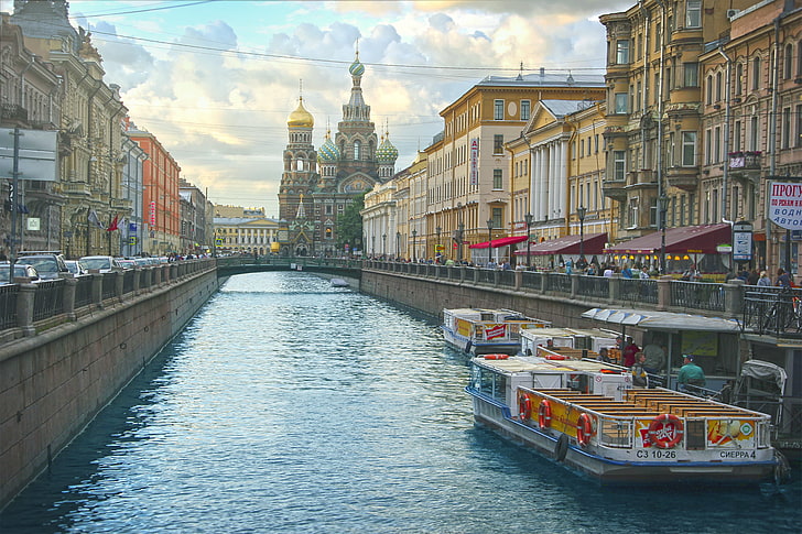 town river painting, the city, channel, promenade, Saint Petersburg, The Savior on Blood, HD wallpaper