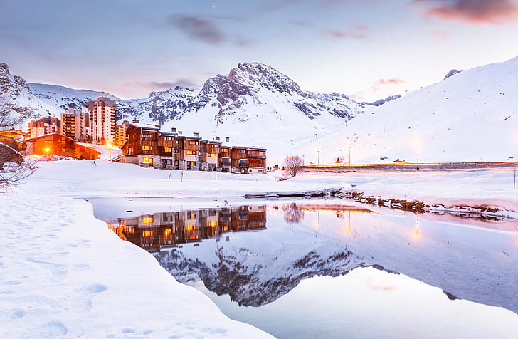 winter, snow, mountains, lake, France, Alps, the hotel, resort, Tignes, HD wallpaper