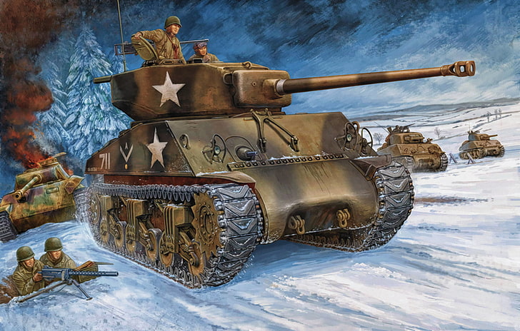 brown battle tank, perang, seni, lukisan, tank, ww2, m4a3 Sherman, Wallpaper HD