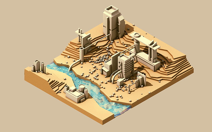 model skala pabrik 3D, seni digital, air, sungai, poli, pabrik, latar belakang sederhana, 3D, Wallpaper HD