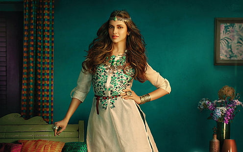 Deepika Padukone indyjska aktorka, damska turkusowo-szara kwiecista sukienka z długim rękawem, indyjska, aktorka, Deepika, Padukone, Tapety HD HD wallpaper