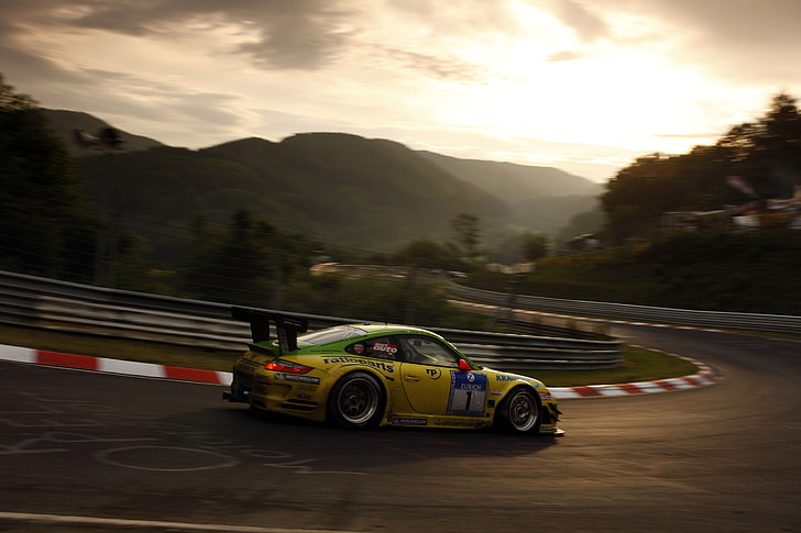 green coupe, car, Porsche, nurburgring, yellow cars, race cars, race tracks, racing, sport, sports, vehicle, HD wallpaper