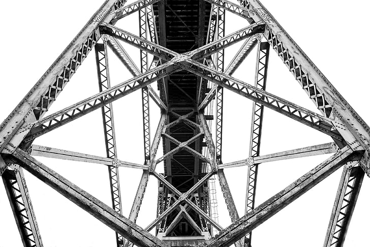 architecture, black and white, bridge, connection, construction, high, iron, low angle shot, modern, outdoors, perspective, steel, tallest, transportation system, travel, trussel, HD wallpaper