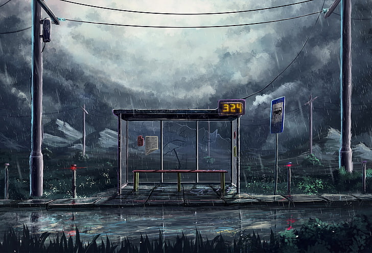 two gray posts, artwork, Sylar, rain, bus stations, power lines, signs, utility pole, HD wallpaper