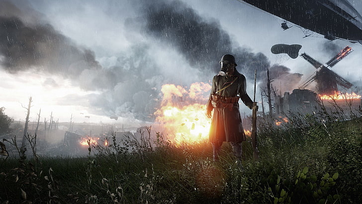 soldato in piedi di fronte al palazzo in fiamme, Battlefield 1, Battlefield, Sfondo HD