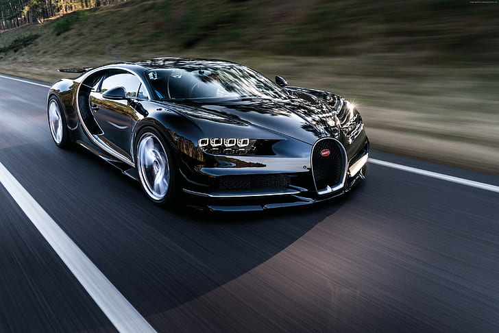 черный, Bugatti Chiron, гиперкар, Женевский автосалон 2016, HD обои