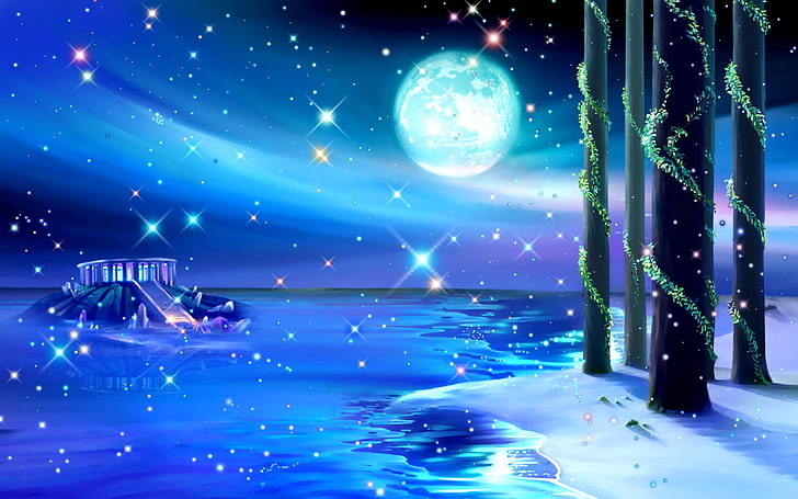île pendant la nuit illustration, eau, paysage, nuit, lac, poteaux, bâtiment, art, Liane, Yutaka Kagaya, Fond d'écran HD