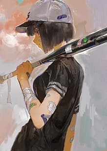  anime girls, original characters, sport, baseball bat, baseball, HD wallpaper HD wallpaper