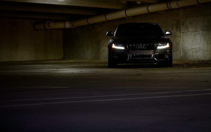 Audi S5 изглежда средно, ауди, светлини, външен вид, гараж, средно, тъмно, автомобили, HD тапет