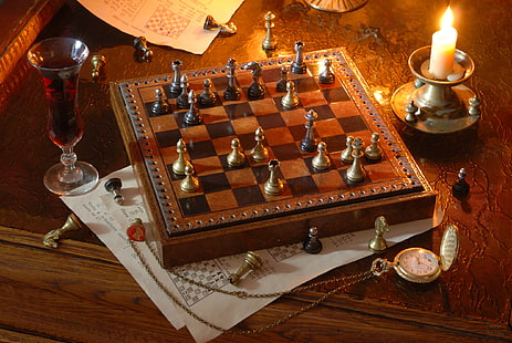 Spiel, Schach, Kerze, Schachbrett, Taschenuhr, Stillleben, HD-Hintergrundbild HD wallpaper