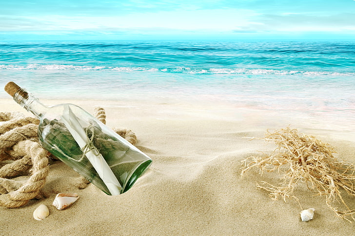 message in a bottle wallpaper, sand, sea, beach, shore, shell, letter, bottle, seashells, HD wallpaper