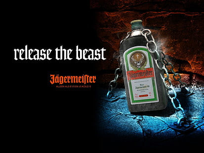 Jagermeister стеклянная бутылка с надписью, бутылки, цепочки, алкоголь, Jägermeister, HD обои HD wallpaper
