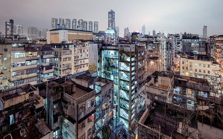 Antenna, architettura, vista a volo d'uccello, edificio, città, paesaggio urbano, sera, Hong Kong, luci, moderno, tetti, grattacielo, scale, strada, urbano, Sfondo HD