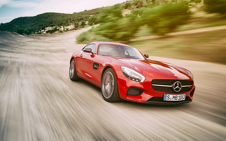 Mercedes-AMG GT, Mercedes-AMG, Mercedes-Benz, car, red cars, road, motion blur, HD wallpaper
