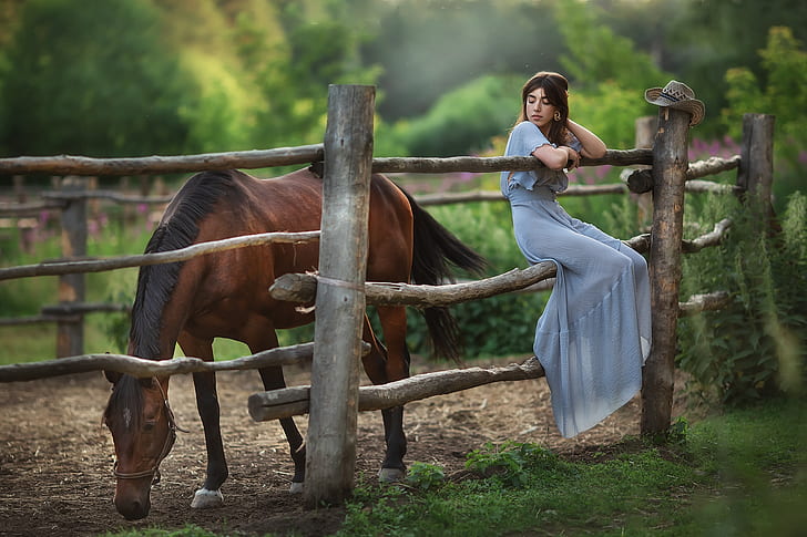 поглед, момиче, природа, кон, рокля, Анастасия Бармина, HD тапет