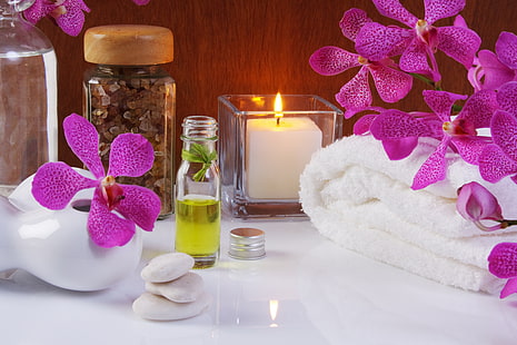 fiori viola, fiori, olio, asciugamano, candele, spa, asciugamani, sale marino, orchidea viola, Sfondo HD HD wallpaper