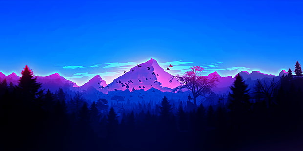 wald, landschaft, himmel, bäume, natur, berge, vögel, mann, digitale kunst, HD-Hintergrundbild HD wallpaper