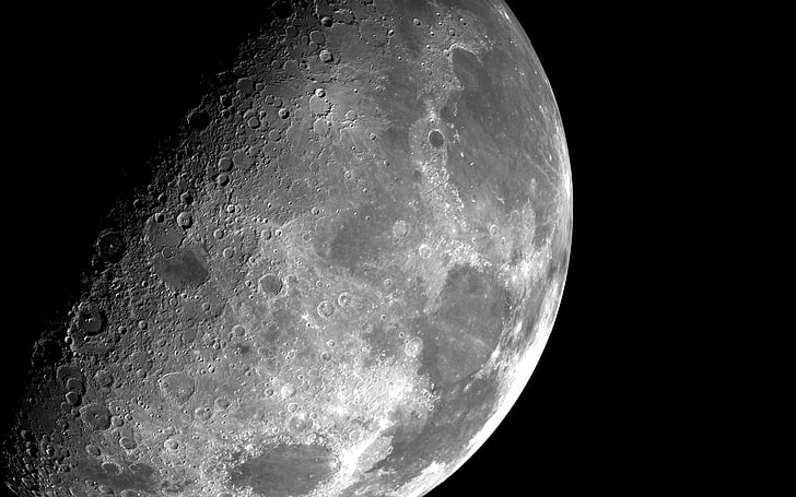 Moon, space, monochrome, crater, HD wallpaper