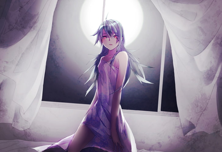 woman wearing nighties anime character wallpaper, girl, night, the wind, the moon, vocaloid, sitting, red eyes, long hair, chemise, gumi, takka, aegis9294, HD wallpaper