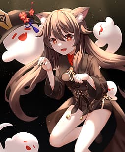 Anime-Mädchen, Genshin Impact, Hutao (Genshin Impact), Katzenmädchen, HD-Hintergrundbild HD wallpaper