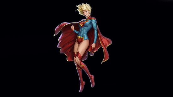 DC Supergirl, DC Comics, ilustraciones, Supergirl, superheroínas, fondo negro, arte de fantasía, rubia, Fondo de pantalla HD HD wallpaper