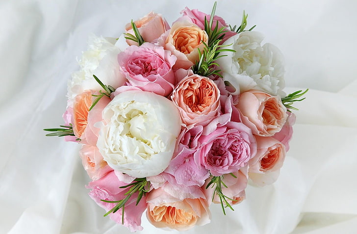 분홍색과 흰색 꽃, 장미, 모란, 꽃, 꽃다발, 부드러움의 꽃다발, HD 배경 화면