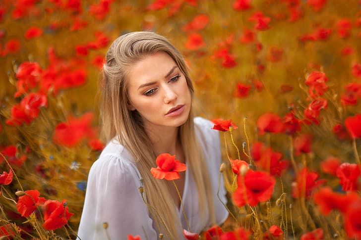 field, girl, flowers, face, mood, Maki, blonde, Anna Rawka, HD wallpaper